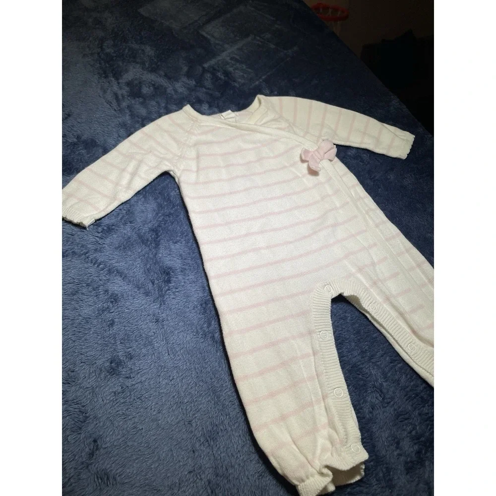 Mud Pie Pink Stripe Bow Converter‎ Coverall Romper Outfit Long Sleeve 3-6 months
